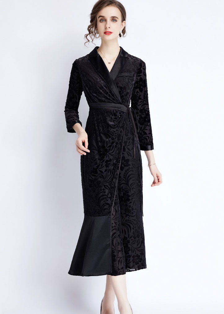 Black Notched Lace Up Jacquard Patchwork Silk Long Dresses Fall