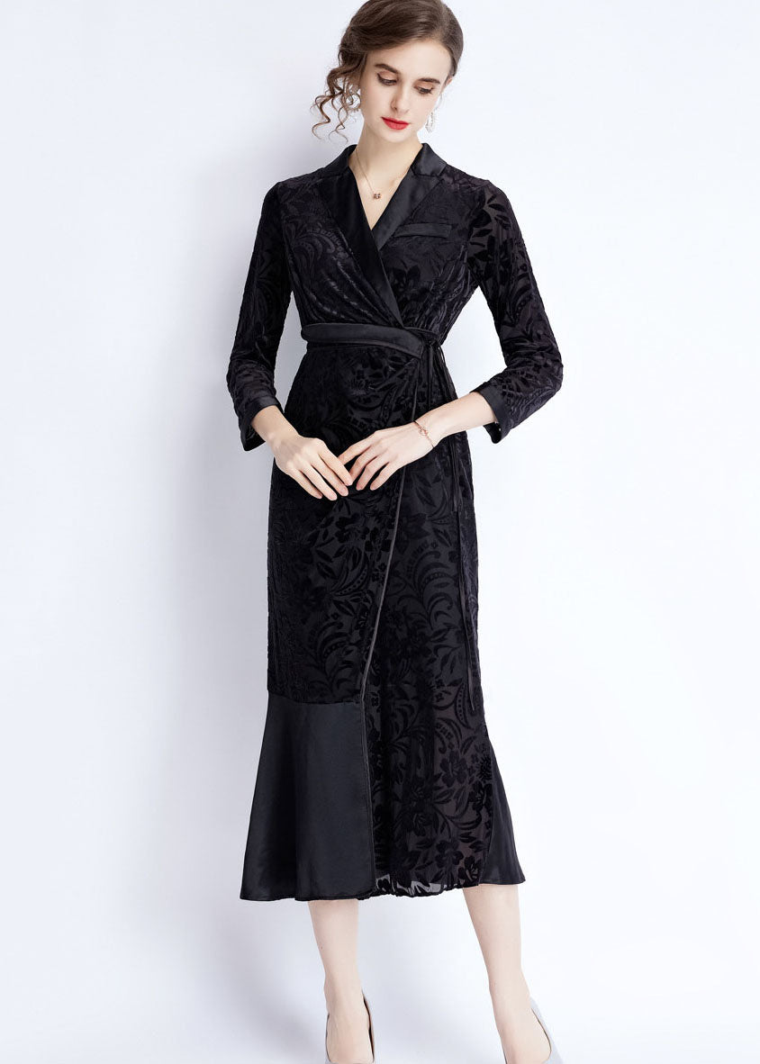 Black Notched Lace Up Jacquard Patchwork Silk Long Dresses Fall