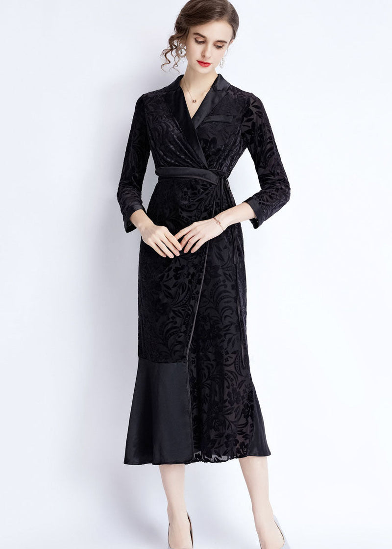 Black Notched Lace Up Jacquard Patchwork Silk Long Dresses Fall