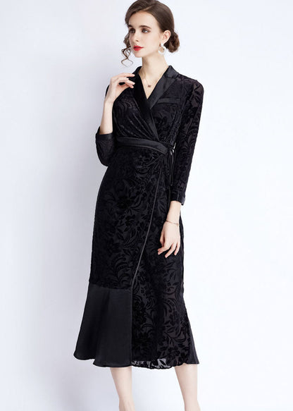 Black Notched Lace Up Jacquard Patchwork Silk Long Dresses Fall