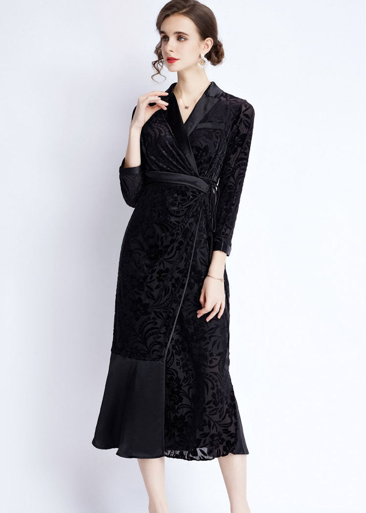 Black Notched Lace Up Jacquard Patchwork Silk Long Dresses Fall