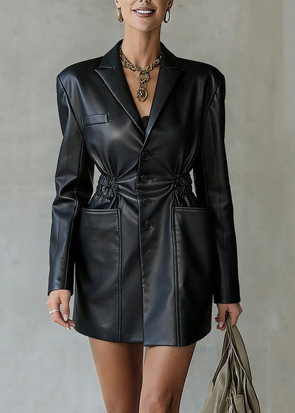 Black Notched Wrinkled Pockets Faux Leather Coats Spring