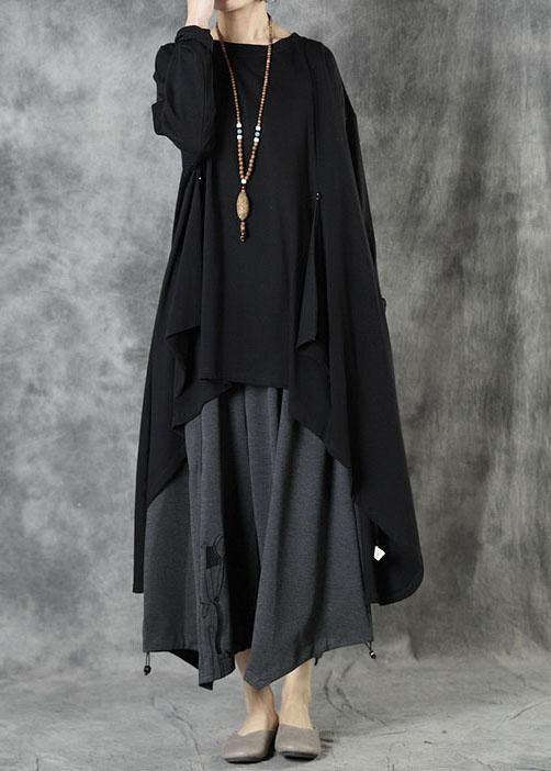 Women Black O-Neck Asymmetrical Design Fall Top Long Sleeve