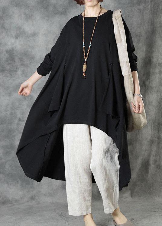 Women Black O-Neck Asymmetrical Design Fall Top Long Sleeve