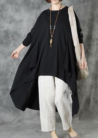 Women Black O-Neck Asymmetrical Design Fall Top Long Sleeve