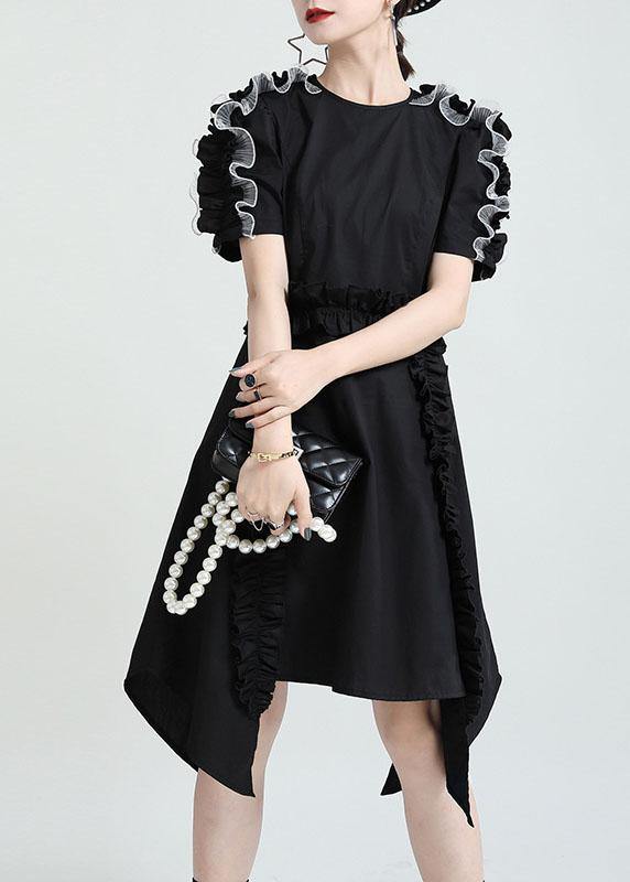 Black O-neck Asymmetrical Design Patchwork Summer Cotton Sundress