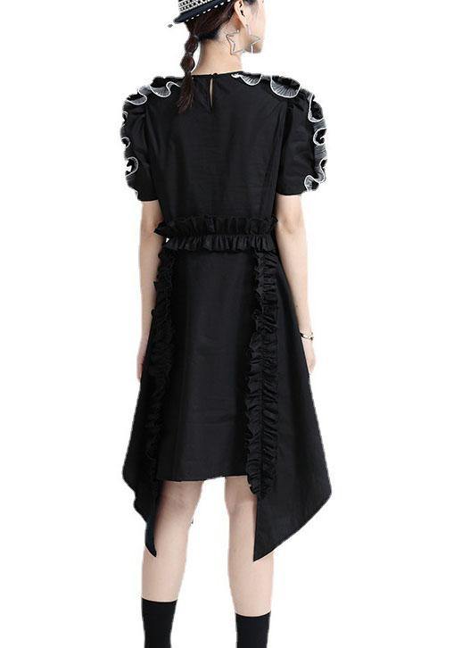 Black O-neck Asymmetrical Design Patchwork Summer Cotton Sundress