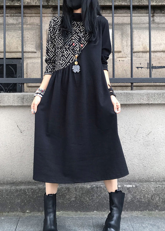 Black O-neck Asymmetrical Patchwork Cotton Maxi Dress Long Sleeve
