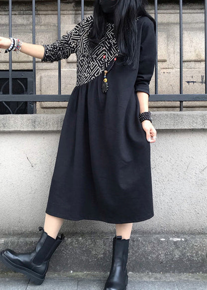 Black O-neck Asymmetrical Patchwork Cotton Maxi Dress Long Sleeve