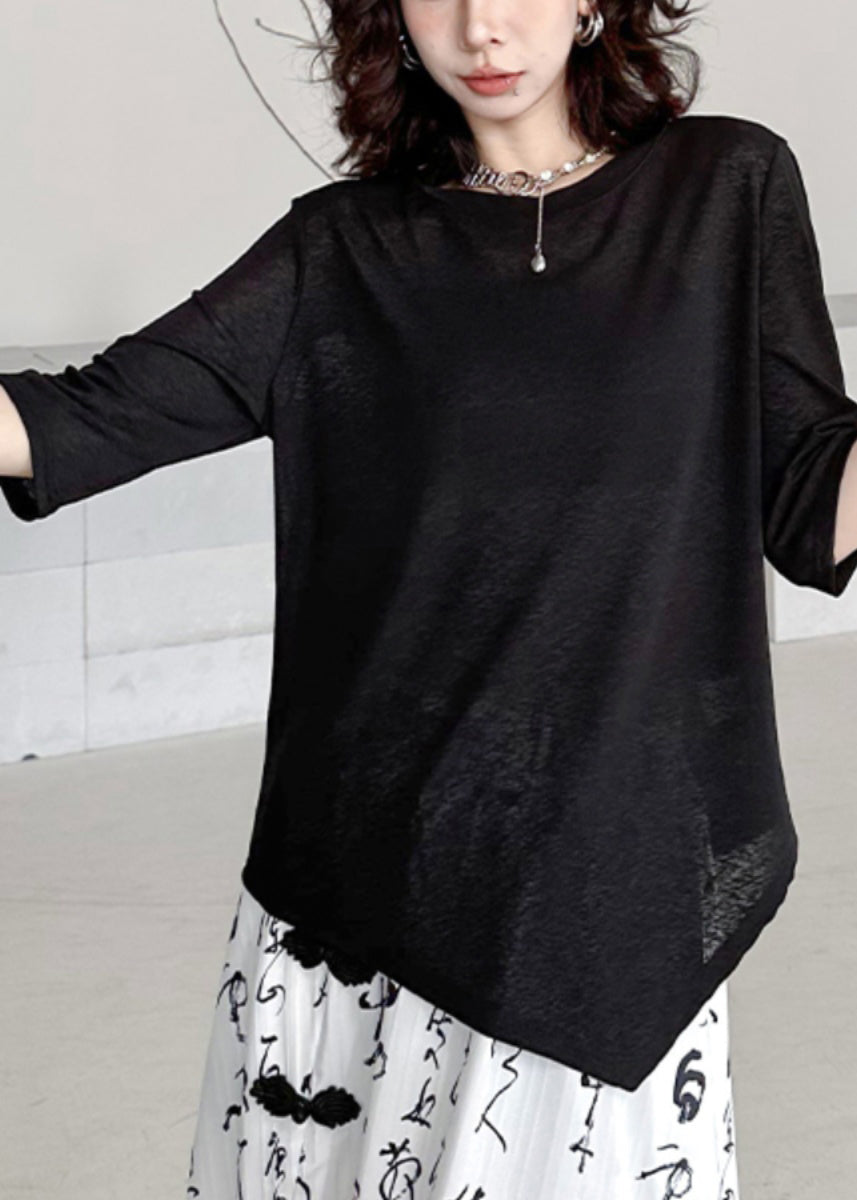 Black O-neck Asymmetrical Patchwork Cotton T Shirt Half Sleeve