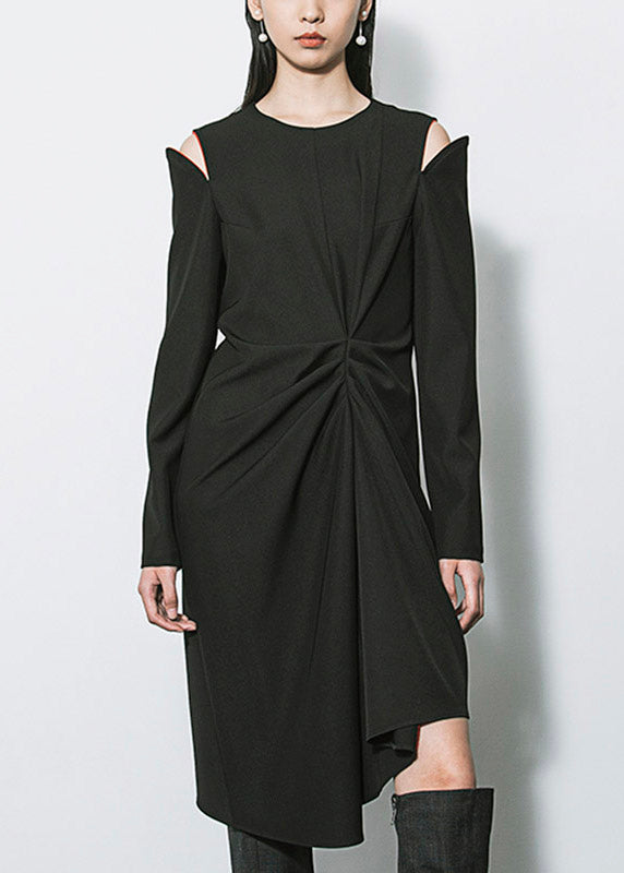 Black O-neck Asymmetrical Patchwork Long Dresses Long Sleeve