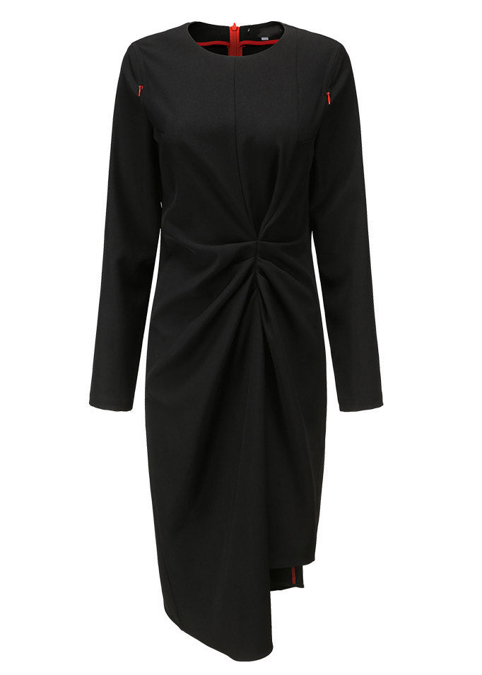 Black O-neck Asymmetrical Patchwork Long Dresses Long Sleeve