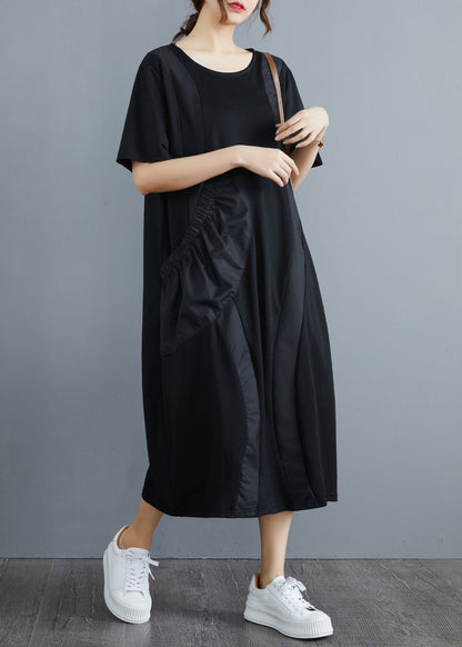 Black O-neck Big Pocket Patchwork Long Dress Short Sleeve