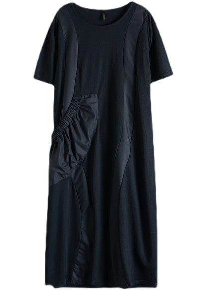 Black O-neck Big Pocket Patchwork Long Dress Short Sleeve