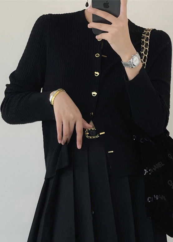 Black O Neck Button Patchwork Knit Cardigan Fall