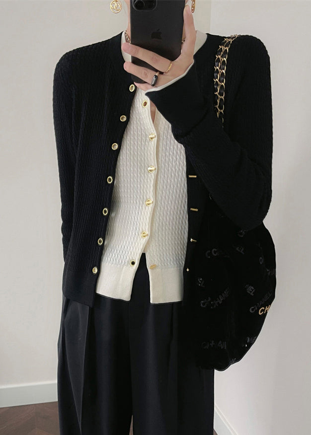 Black O Neck Button Patchwork Knit Cardigan Fall