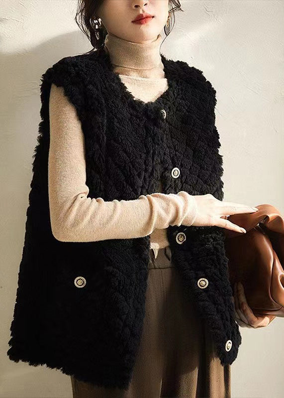 Black O Neck Button Patchwork Wool Vest Sleeveless
