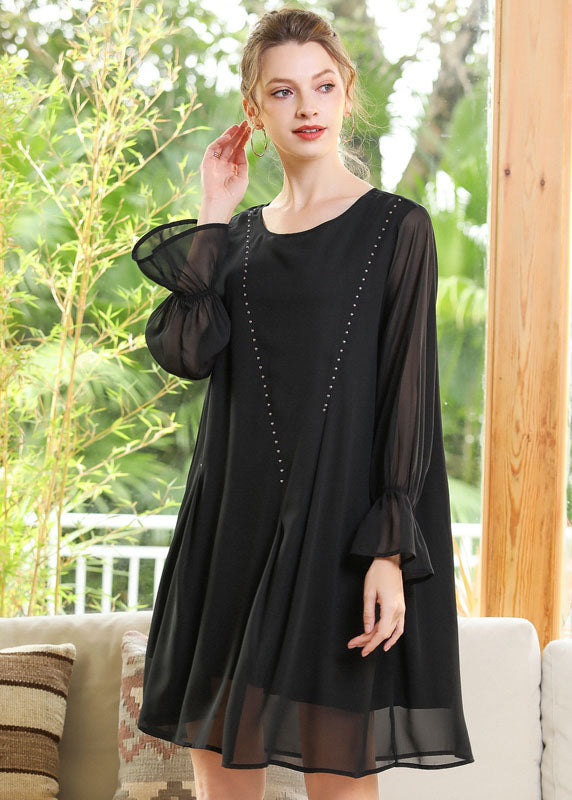 Black O-neck Chiffon a Line Dress Lantern Sleeve