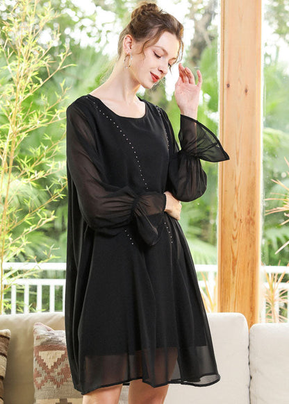 Black O-neck Chiffon a Line Dress Lantern Sleeve