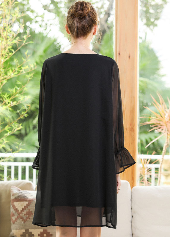 Black O-neck Chiffon a Line Dress Lantern Sleeve
