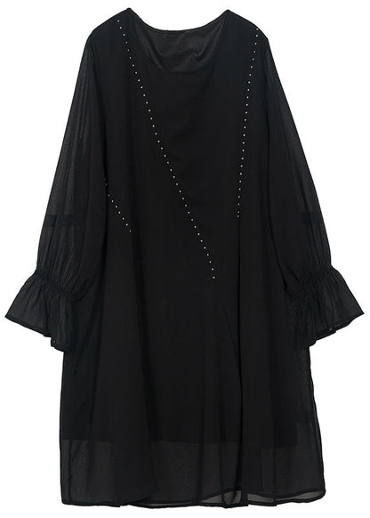 Black O-neck Chiffon a Line Dress Lantern Sleeve