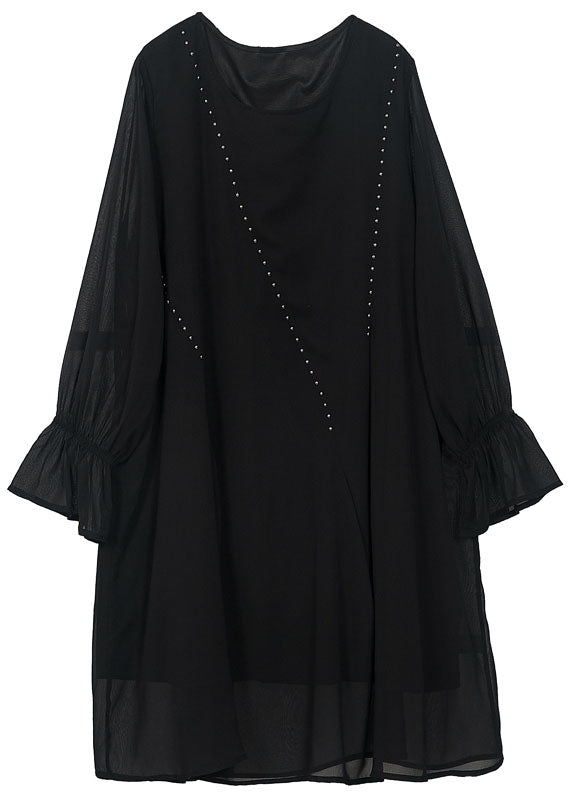Black O-neck Chiffon a Line Dress Lantern Sleeve