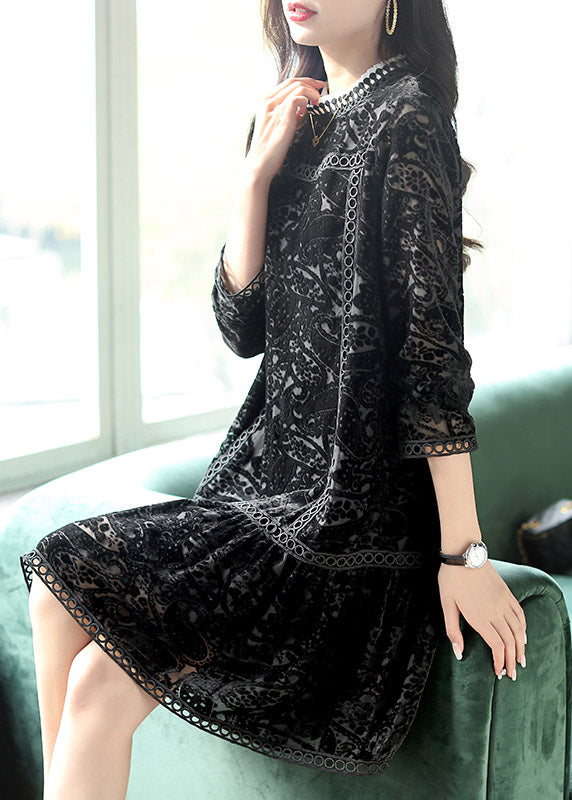 Black O-neck Crochet Velour Pleated Dresses Long Sleeve