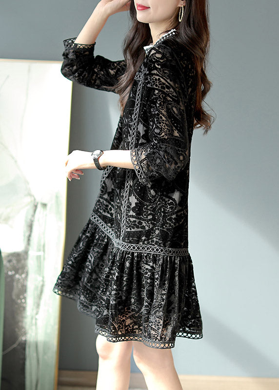 Black O-neck Crochet Velour Pleated Dresses Long Sleeve