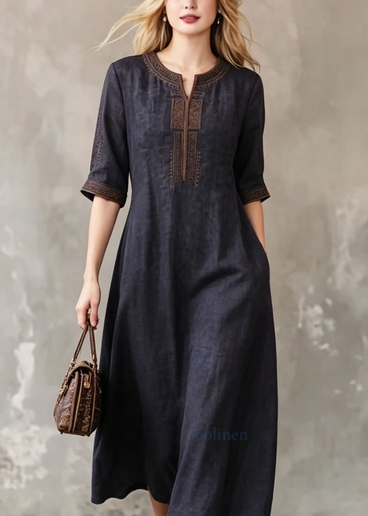 Black O-neck Embroidered Silk Dress Summer