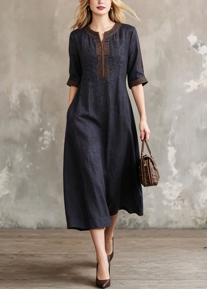 Black O-neck Embroidered Silk Dress Summer