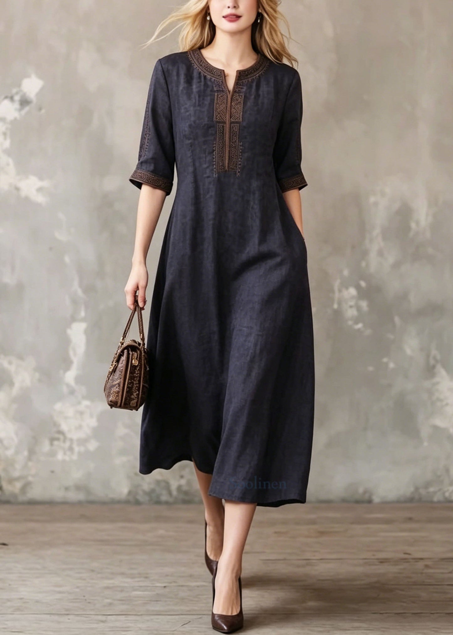 Black O-neck Embroidered Silk Dress Summer