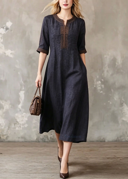 Black O-neck Embroidered Silk Dress Summer
