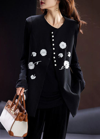 Black O-neck Embroidered Button Cotton Waistcoat Sleeveless