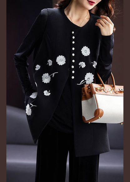 Black O-neck Embroidered Button Cotton Waistcoat Sleeveless