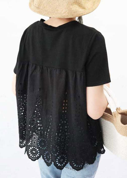 Black O-neck Hollow Out Cotton T Shirt Short Sleeve