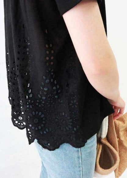 Black O-neck Hollow Out Cotton T Shirt Short Sleeve