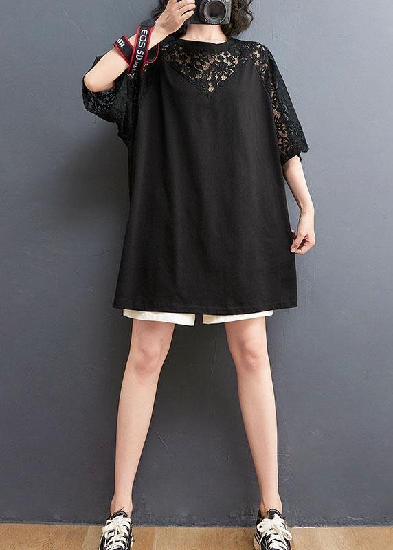 Black O-neck Hollow Out Half Sleeve Cotton Summer Top