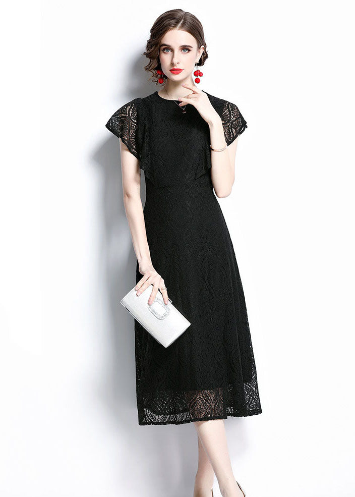 Black O Neck Hollow Out Patchwork Lace Dresses Batwing Sleeve
