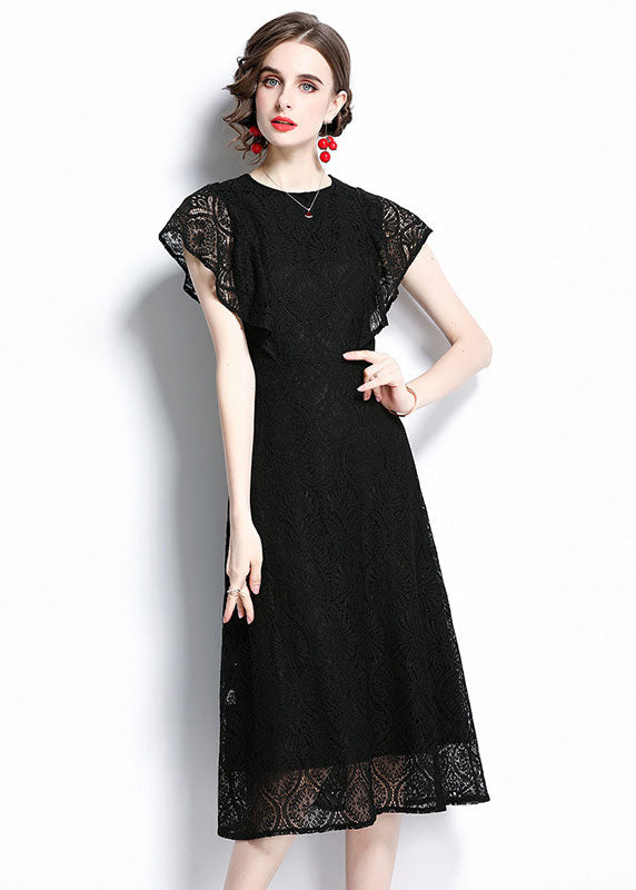 Black O Neck Hollow Out Patchwork Lace Dresses Batwing Sleeve