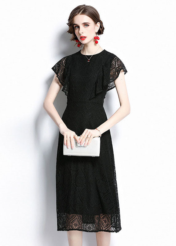 Black O Neck Hollow Out Patchwork Lace Dresses Batwing Sleeve