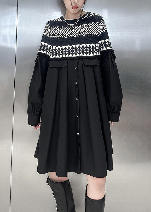 Black O Neck Knit Patchwork Cotton Dresses Spring