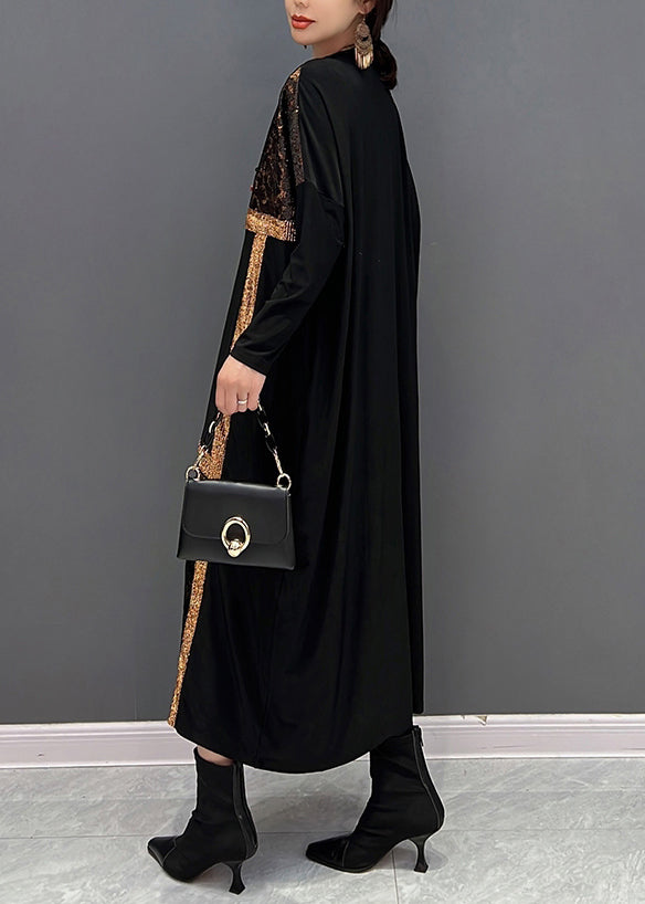 Black O Neck Organza Patchwork Cotton Dress Fall