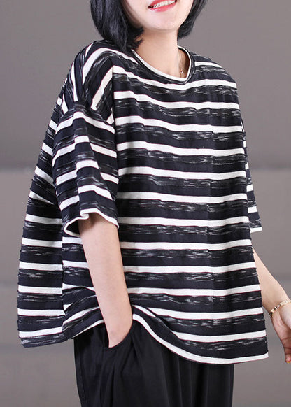 Black O-neck Oversized Striped Cotton Tank Tops Short Sleeve