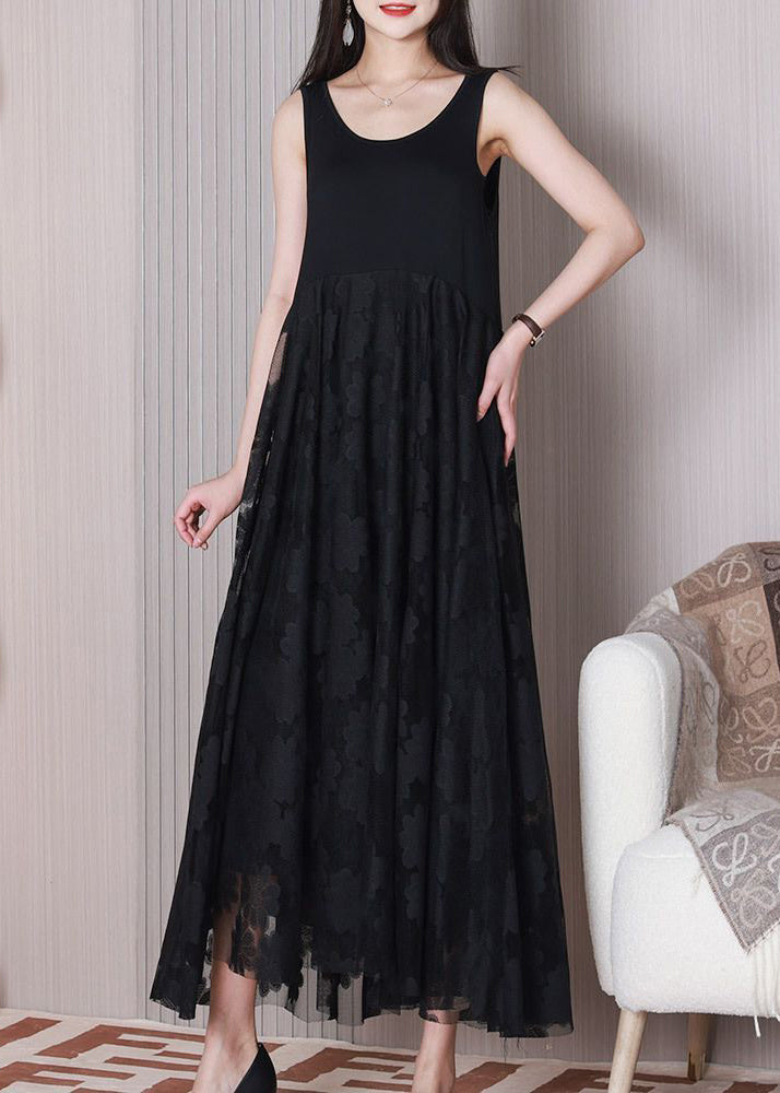 Black O Neck Patchwork Cotton Dresses Sleeveless