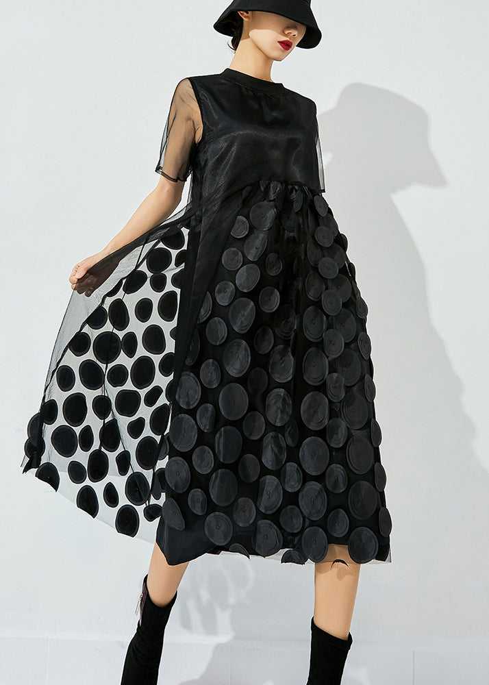 Blue O-neck Patchwork Dot Tulle Holiday Dress Summer
