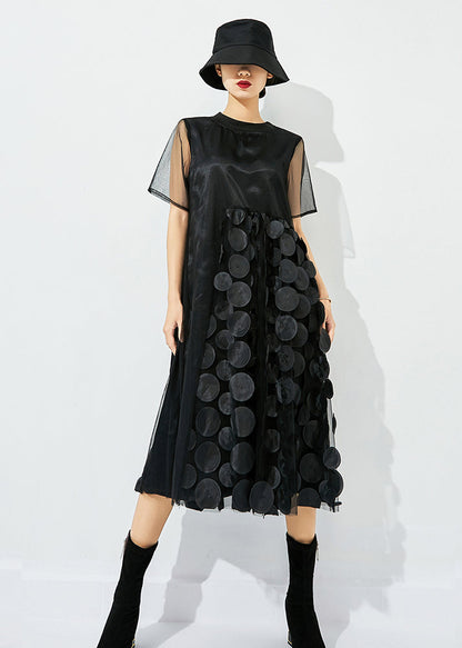Black O-neck Patchwork Dot Tulle Holiday Dress Summer