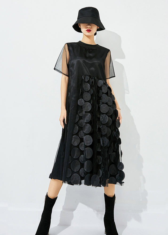 Blue O-neck Patchwork Dot Tulle Holiday Dress Summer