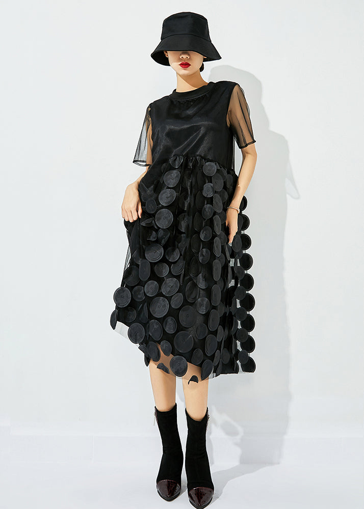 Light Green O-neck Patchwork Dot Tulle Holiday Dress Summer