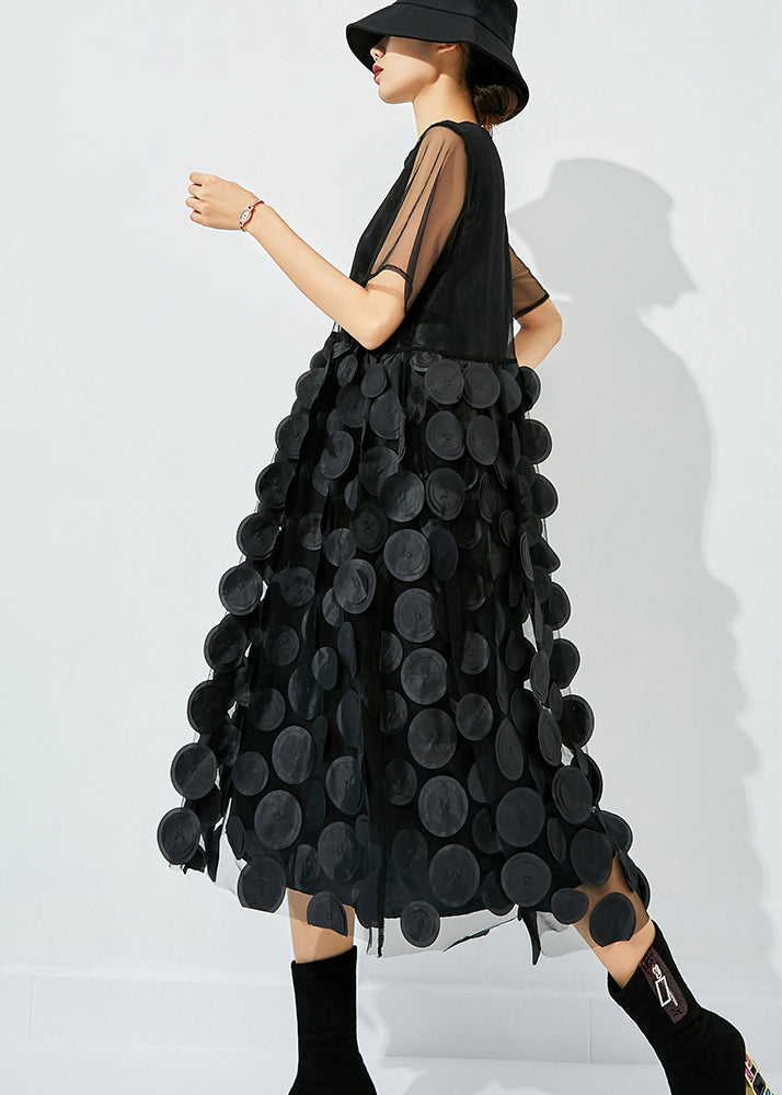 Light Green O-neck Patchwork Dot Tulle Holiday Dress Summer