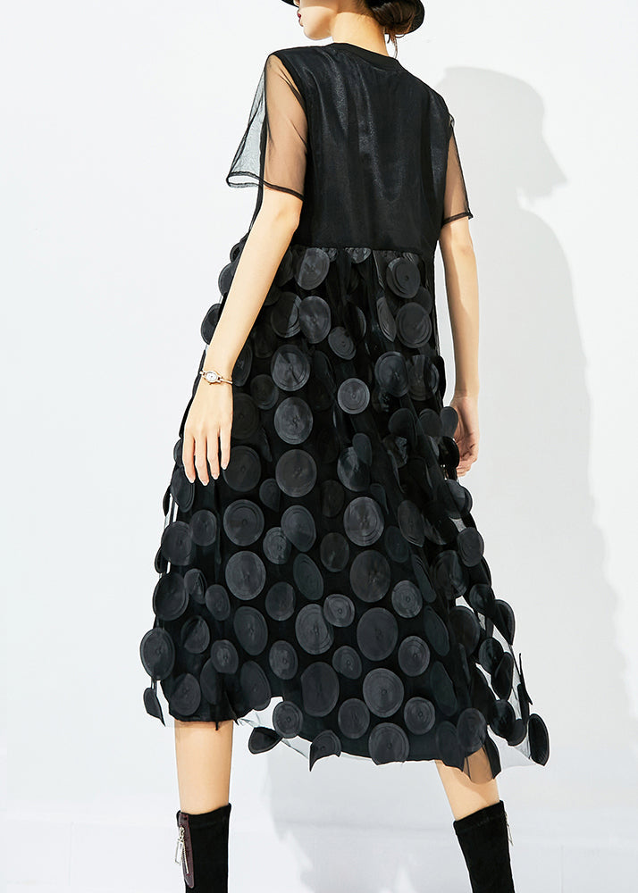 Black O-neck Patchwork Dot Tulle Holiday Dress Summer
